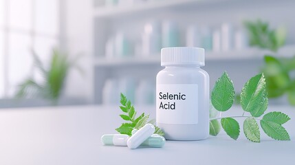 A close-up view of a white bottle labeled 'Selenic Acid' surrounded by green leaves and capsules, suggesting a natural remedy.