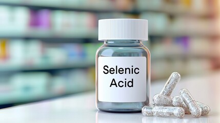 A close-up of Selenic Acid capsules beside the labeled bottle in a pharmacy setting.