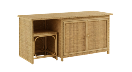 A beautifully crafted wicker furniture piece, showcasing a storage cabinet with an open shelf, perfect for home decor