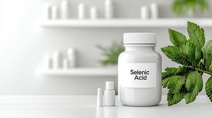 A clean, minimalist display of Selenic Acid in a white bottle with green leaves, creating a fresh and calming atmosphere.