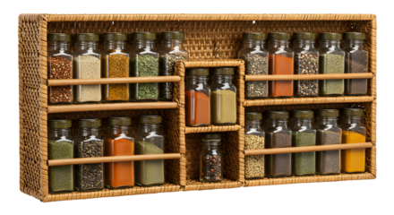 A beautifully organized spice rack featuring various jars of herbs and spices, set against a neutral background, perfect for culinary use