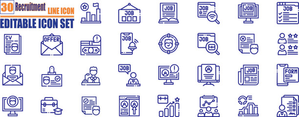 Recruitment icon set with job opening, career opportunities, employment, recruitment, hiring, vacancies, job listings, application process, resume submission, candidate icon.