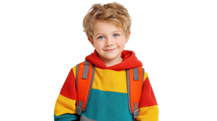 A young boy with blond hair and blue eyes wearing a colorful sweater and backpack