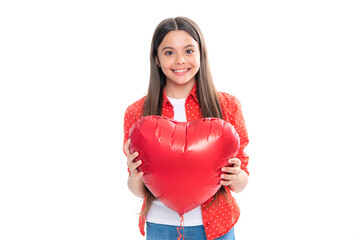 Lovely child girl 12, 13, 14 years old with shape heart love holiday and valentine symbol. Birthday day. Portrait of happy smiling teenage child girl with red heart isolated on white background.