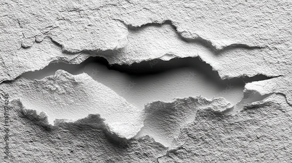 Poster white paper with torn hole creates abstract texture background with layers and shadows