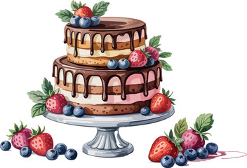 A two tiered cake with chocolate drizzle and fresh berries on a white cake stand illustration


