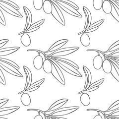 Seamless pattern drawings green olives branch vector. Hand painted floral illustration olive fruit, tree branches, leaves  background. Drawings food. Edible foliage. For menu, wrapping card gift