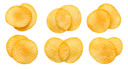 A close-up of assorted potato chips arranged in a creative layout, showcasing their texture and crispiness, ideal for snack promotion