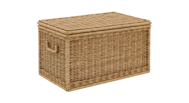 A beautifully woven wicker storage box placed on a wooden floor, ideal for organizing items in a cozy living space