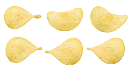 A close-up of six perfectly shaped potato chips arranged in a row, showcasing their texture and color against a clean background