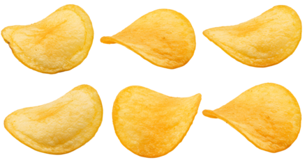 A close-up view of six golden potato chips arranged in a row, showcasing their texture and color against a transparent background