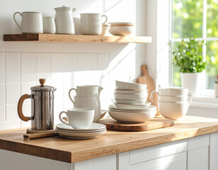 Obraz premium Sunny Kitchen Countertop with White Dishes and Wooden Accents