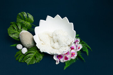 Newborn photography props with flowers and greenery and eggshells on dark turquoise background