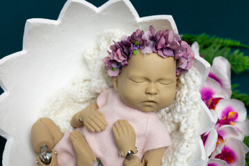 Newborn Doll in Flower Petal Bed with Floral Crown