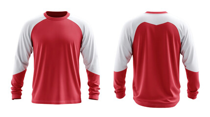 Front and back view of a red and white long sleeved shirt on black background