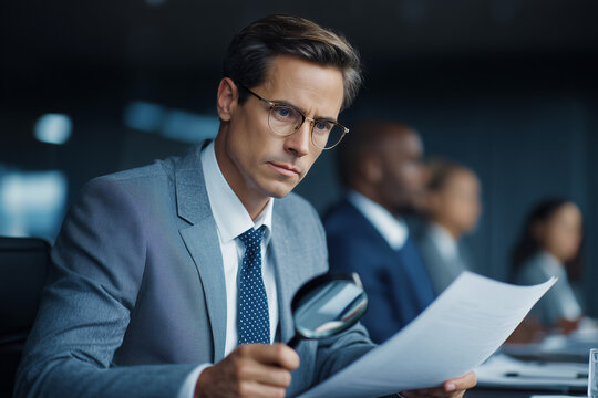 Focused businessman in glasses examining documents with magnifying glass during corporate meeting - Powered by Adobe