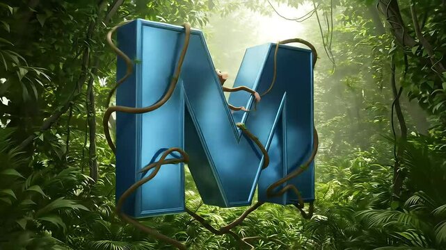 Monkey Swinging on Vines Around a 3D Metallic Blue Letter M in a Jungle