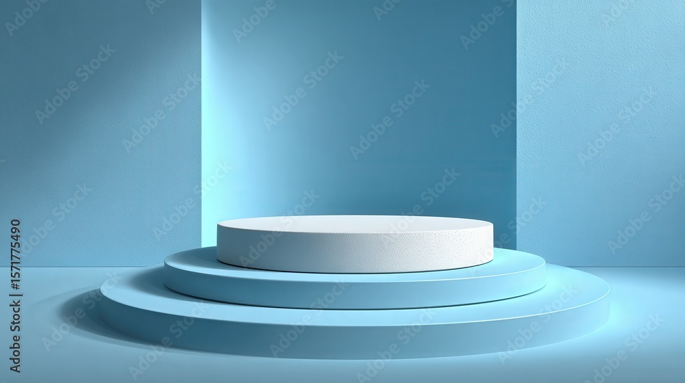 Poster round light blue podium platform stands centered in studio lighting against solid background with ca