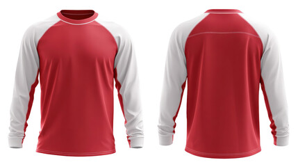 Front and back views of a red and white long sleeved shirt on black background