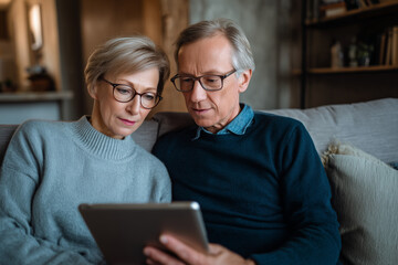 Senior couple using digital tablet together at home, focused on screen and sharing a quiet moment