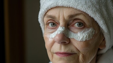 Elderly Woman with Towel on Head Performing Skincare Ritual in Calm Environment Focused on Facial Beauty and Self-Care Routine