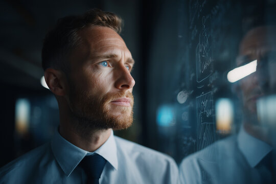 Thoughtful businessman reflecting on complex ideas and strategies written on a glass board in a modern office environment