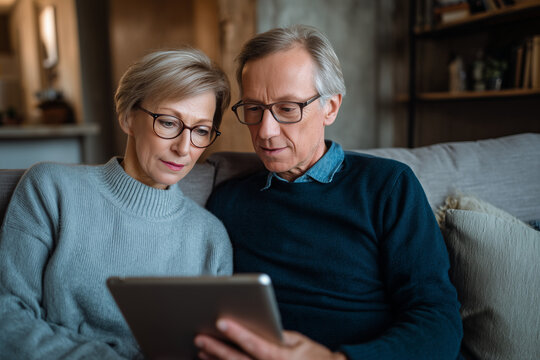 Senior couple using digital tablet together at home, focused on screen and sharing a quiet moment