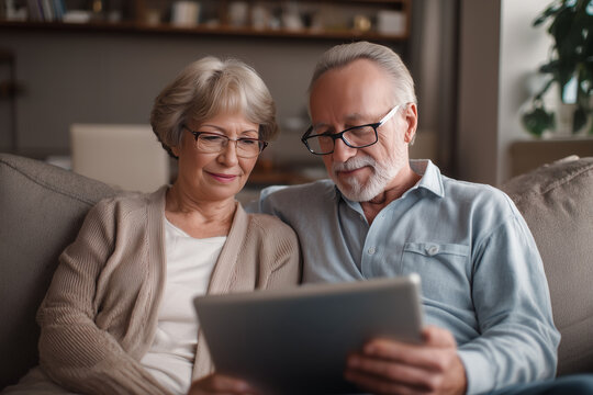 Happy senior couple spending quality time together using a tablet at home, enjoying digital technology and companionship