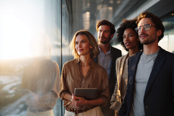 Confident diverse business team standing by office window with tablet during sunset, looking forward with optimism