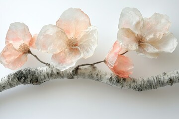 Elegant floral arrangement featuring translucent, peach-toned flowers on a textured, birch-like branch against a bright background.