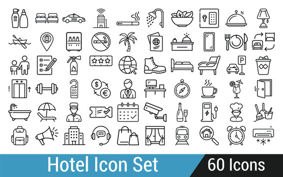 Comprehensive hotel services and amenities line art icon set