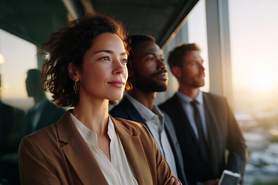 Confident diverse business team looking out office window during sunset, symbolizing ambition and future success - Powered by Adobe