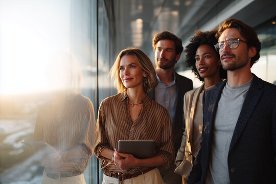 Confident diverse business team standing by office window with tablet during sunset, looking forward with optimism