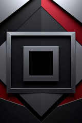 A dark geometric background features nested square frames and bold red accents
