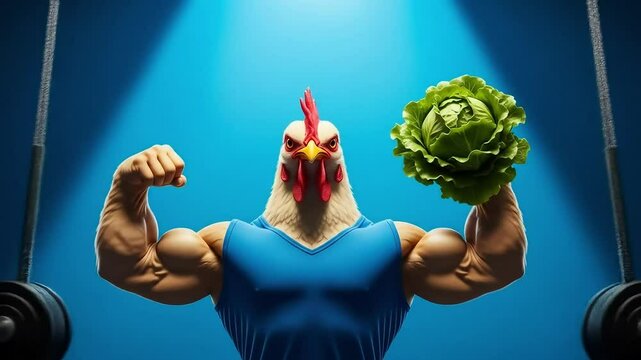 Muscular Chicken Flexing with Lettuce in Blue Gym Setting