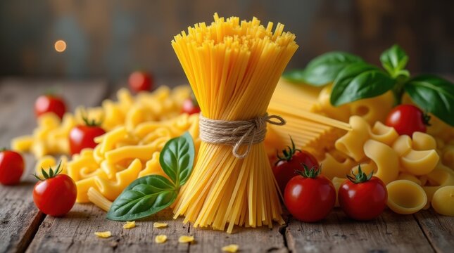 assorted pasta types with cherry tomatoes and basil on rustic wood