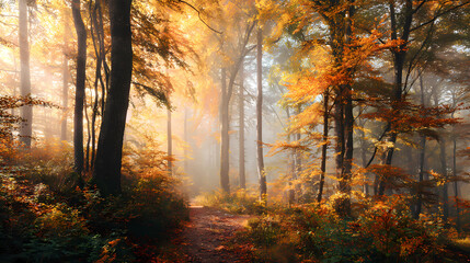 Obraz premium Embrace of Autumn: Light, Leaves, and Tranquility