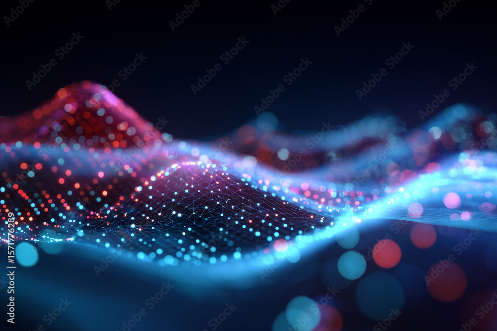 Wall mural abstract digital wave landscape with glowing blue and red connected nodes and network grid on dark b