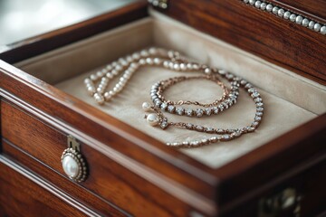Elegant jewelry box containing a pearl necklace and shimmering bracelets, showcasing a blend of classic and luxurious styles.