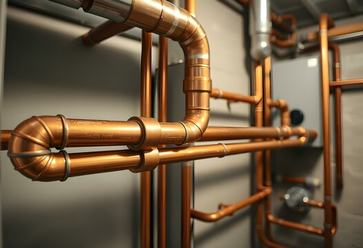 Plumbing Service: Close-Up of Copper Pipeline of a Heating System, Highlighting Modern HVAC Installation, Industrial Design, and Efficient Water Flow.

