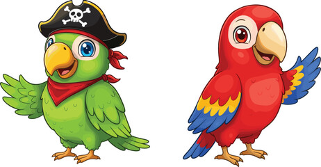 Cartoon pirate parrot, colorful tropical bird illustration, cute green and red parrot characters, kids animal art, vector isolated drawing