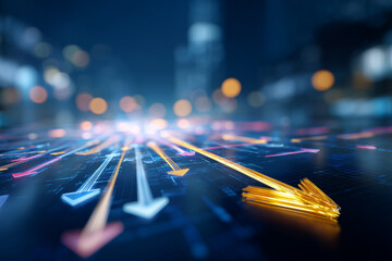 Futuristic digital arrows glowing on a high-tech interface representing data flow and direction in technology and innovation