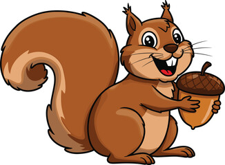 Cartoon squirrel cad drawing flat vector illustration, cute woodland animal holding acorn, cheerful forest creature with big tail, front pose