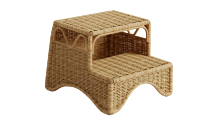 A stylish two-tiered wicker step stool placed in a bright room, enhancing accessibility and aesthetic appeal