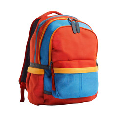 A vibrant backpack featuring a blend of red, blue, and yellow against a dark backdrop