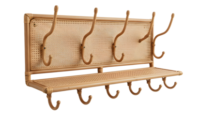 A stylish bamboo coat rack with multiple hooks, set against a minimalist background, perfect for home organization