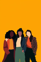 three women standing together in casual colorful clothing with different hairstyles on bright orange background