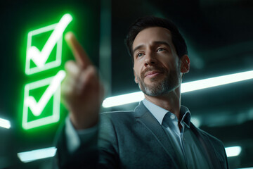 Confident businessman interacting with futuristic virtual checklist glowing in green neon light