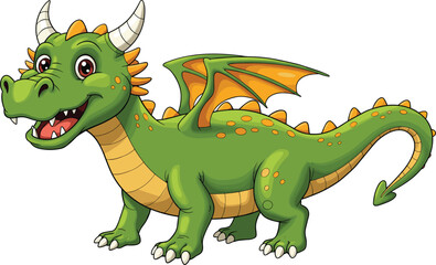 Cute Cartoon Green Dragon with Wings, Smiling Friendly Mythical Creature Illustration for Kids Fantasy, Game, Storybook, or Educational Design