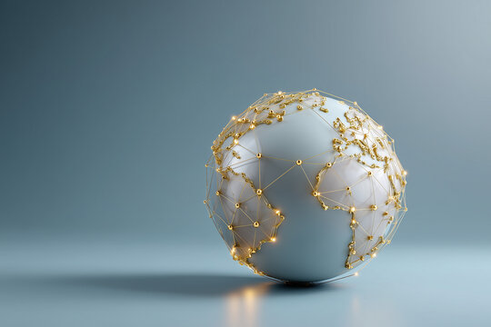 Abstract 3D globe with golden network connections symbolizing global communication and technology on a smooth blue background